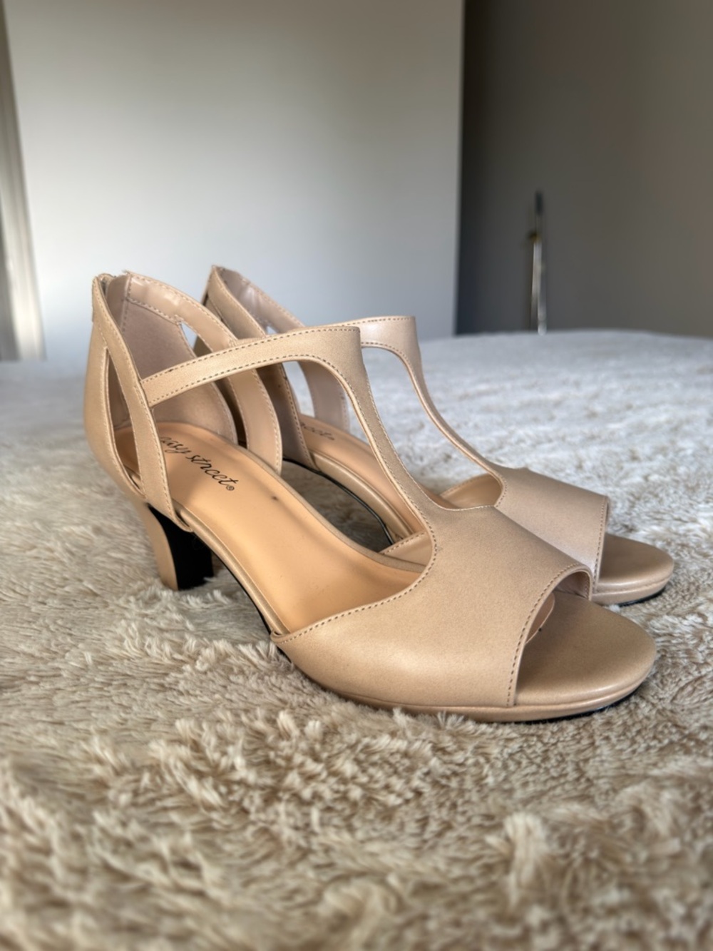 Classic Open-Toe T-Strap Heels in Champagne
